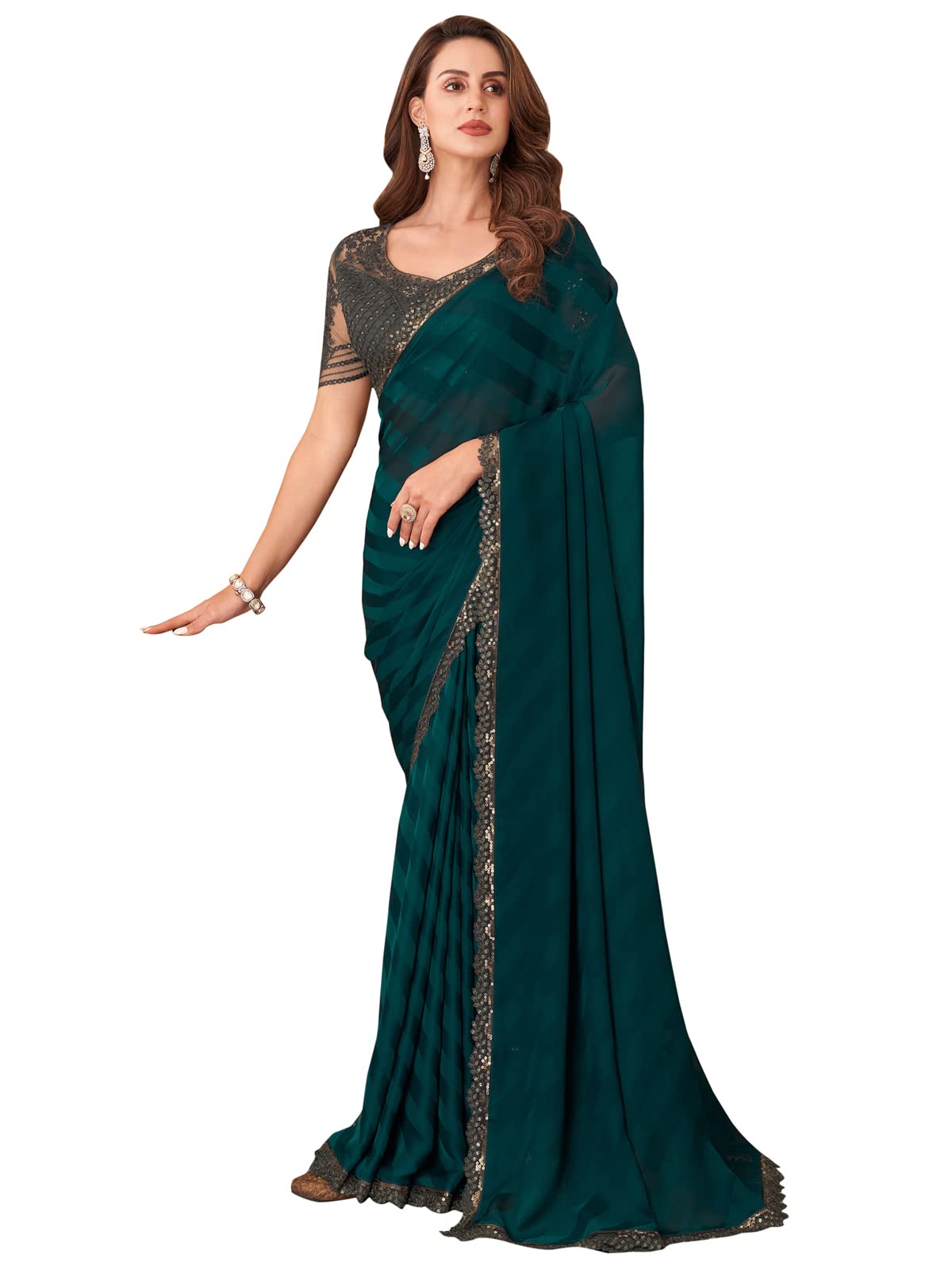 SIRILWomen's Self Woven, Lace Georgette Saree with Unstitched Blouse