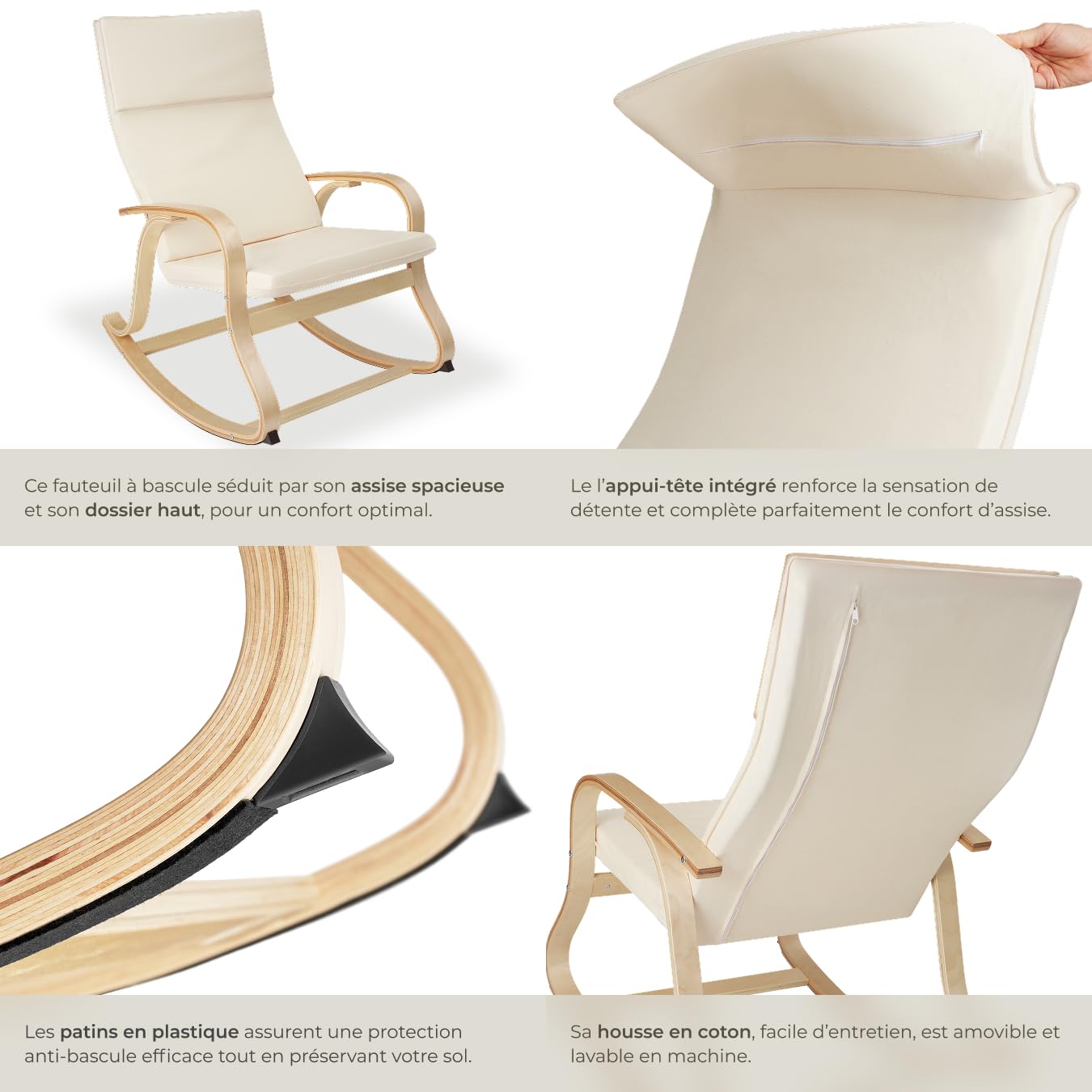 tectake® Fauteuil à Bascule avec Accoudoirs Rocking Chair Fauteuil Relax rembourée Cadre en Bois Fauteuil Salon Veranda, Chaise Ergonomique idéal Détente, Fauteuil Allaitement