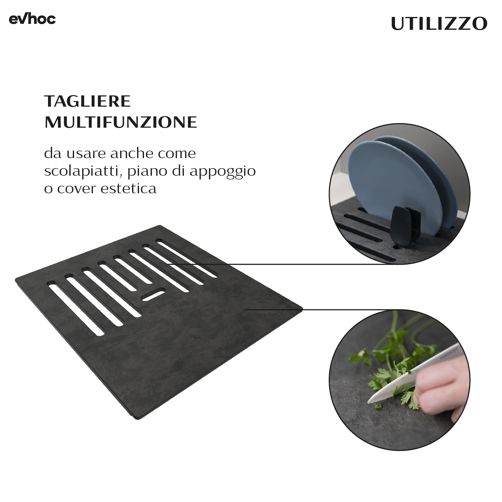 EVHOC Tagliere in Hpl per Lavello Cucina, 34x38,5 cm, Petra, COMPLEMENT 340 | Tagliere Multifunzione da Appoggio, Made in Italy