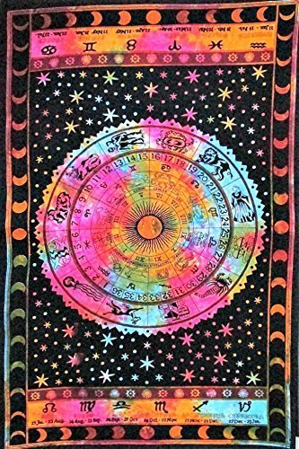 AUNERCART Tie Dye Black Zodiac Horoscope Indian Astrology Bohemian Psychedelic Tapestry