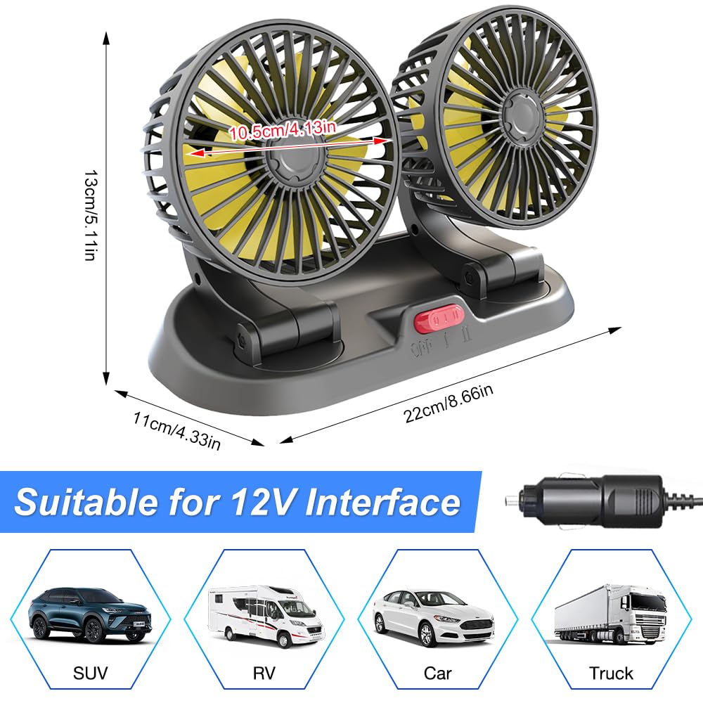 Ventilatore da Auto 12V a Doppia Testa, Afenau Ventilatore Auto Accendisigari con 2 Velocità, 360 gradi Ventilatore per Auto, Ventilatore 12 Volt per Camper SUV RV Caravan Furgone Camion