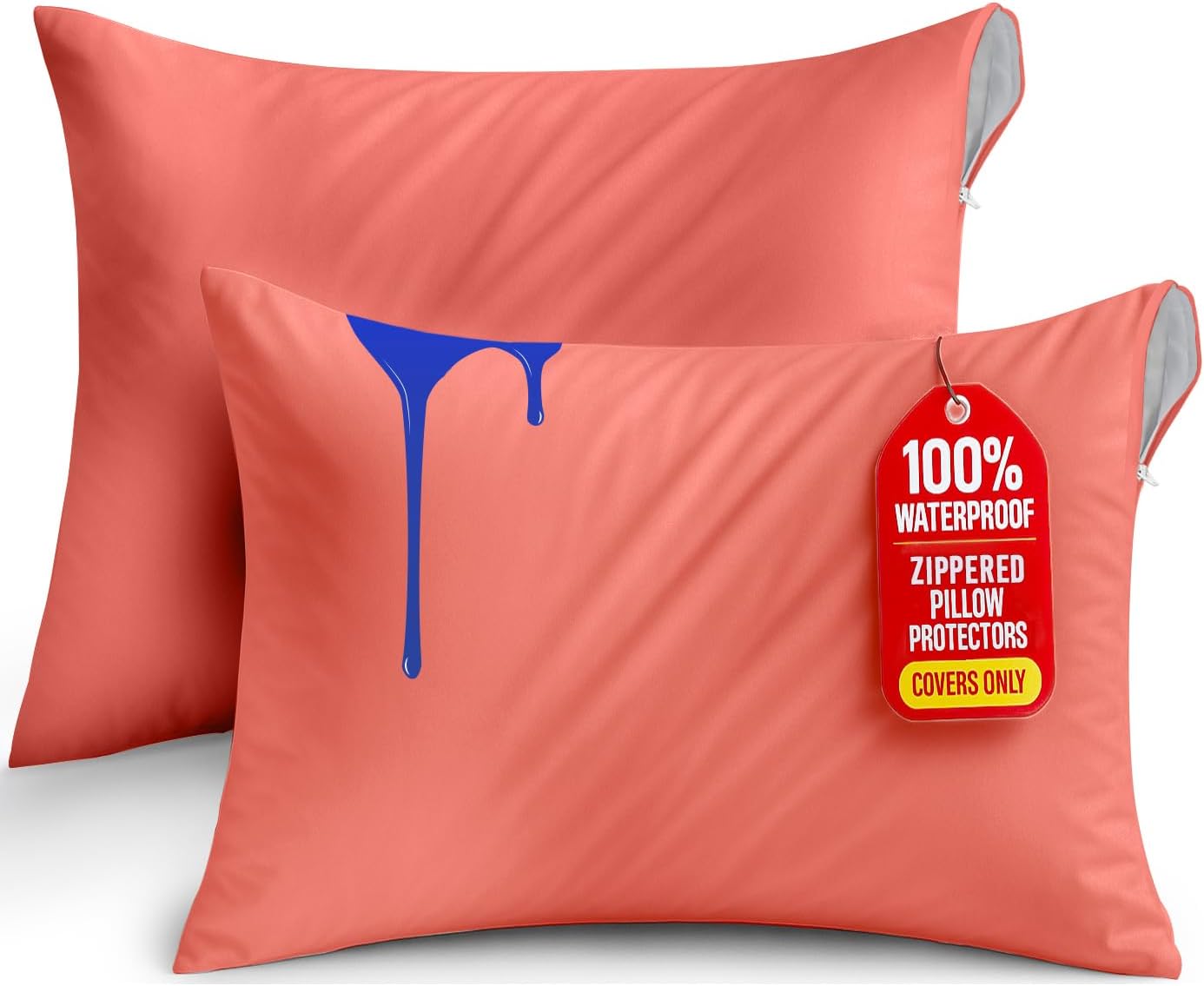 Utopia Bedding Waterproof Pillow Protectors Zippered Standard Size (2 Pack, Coral), Zippered Pillowcases, Bed Bug Proof Pillow Encasement Covers 20 x 26 Inches
