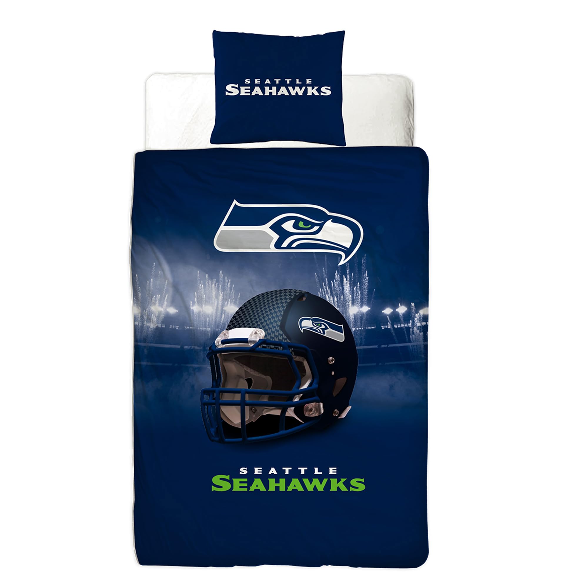 NFL Bettwäsche Seattle Seahawks 135 x 200 cm + 80 x 80 cm 100% Baumwolle Renforcé-Linon-Qualität Reißverschluss American Football Fan Super Bowl BOOM Lumen Field Blitz Wende-Bezug deutsche Größe