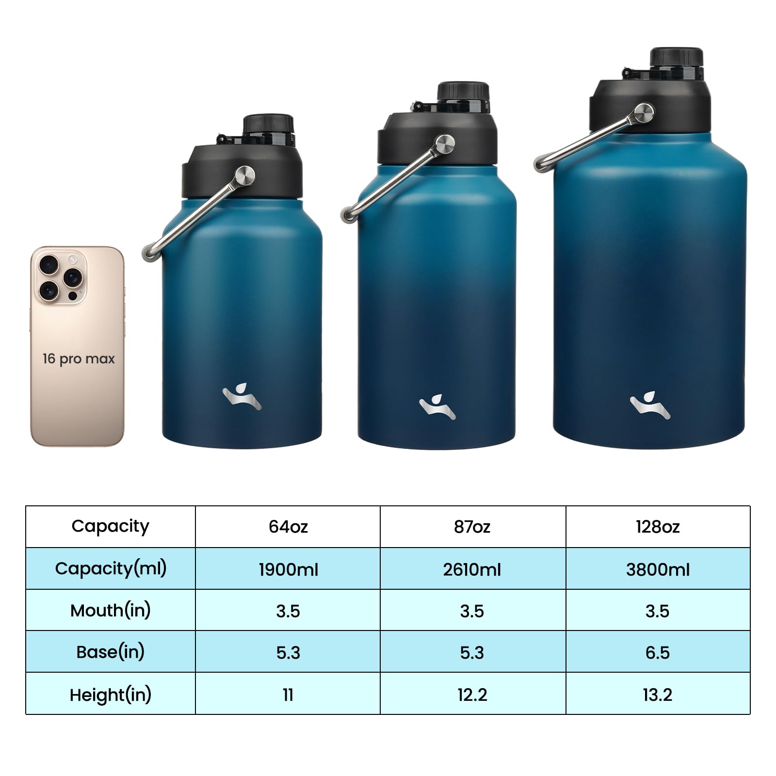 Jarra de medio galón con asa, botella de agua aislada de 64 onzas con bolsa de transporte, botella de metal de acero inoxidable al vacío de doble pared, negro índigo