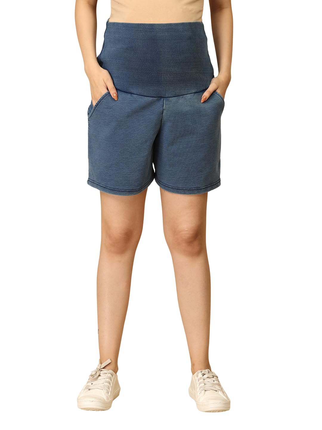 the mom store Maternity Denim Shorts | with Belly Support | Pre and Post Pregnancy Knit Shorts-picture-34