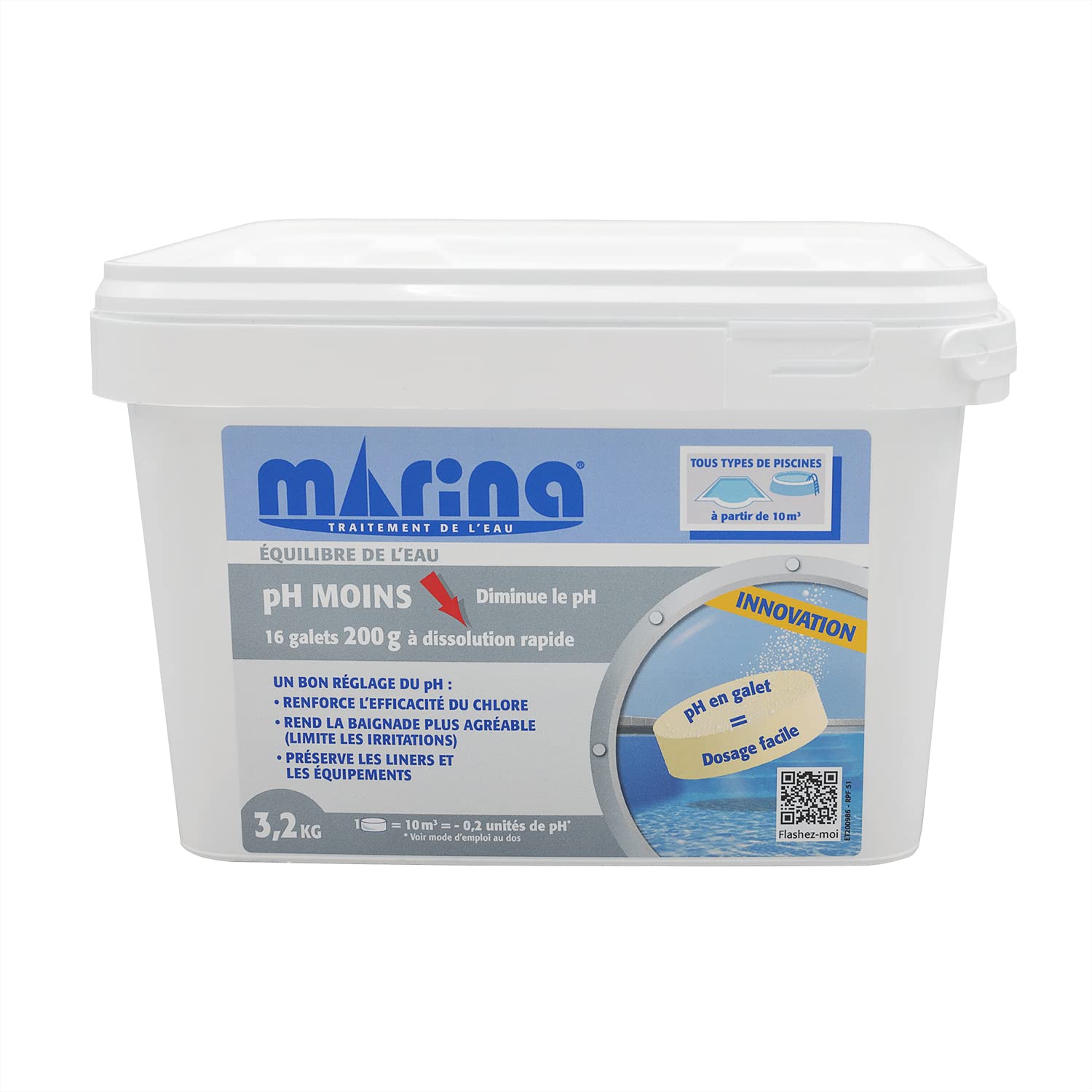 Marina - pH Moins en galets pré-dosés de 200 g - 3,2 kg
