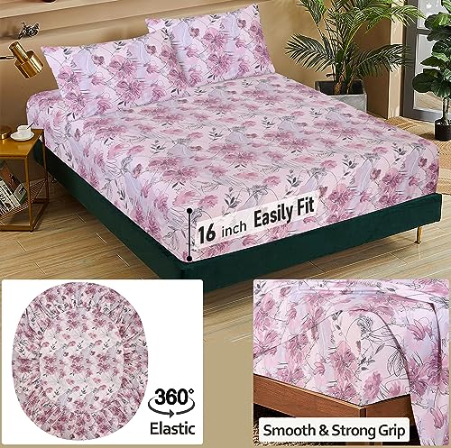 RUVANTI 100% Cotton Sheets Queen Size Set, 4 Pieces, Soft & Breathable Percale Weave Bedding, Deep Pocket 16", Hotel Standard, Crisp Cool Feeling, Durable, Perfect Floral Bed Sheet, Lilac Floral