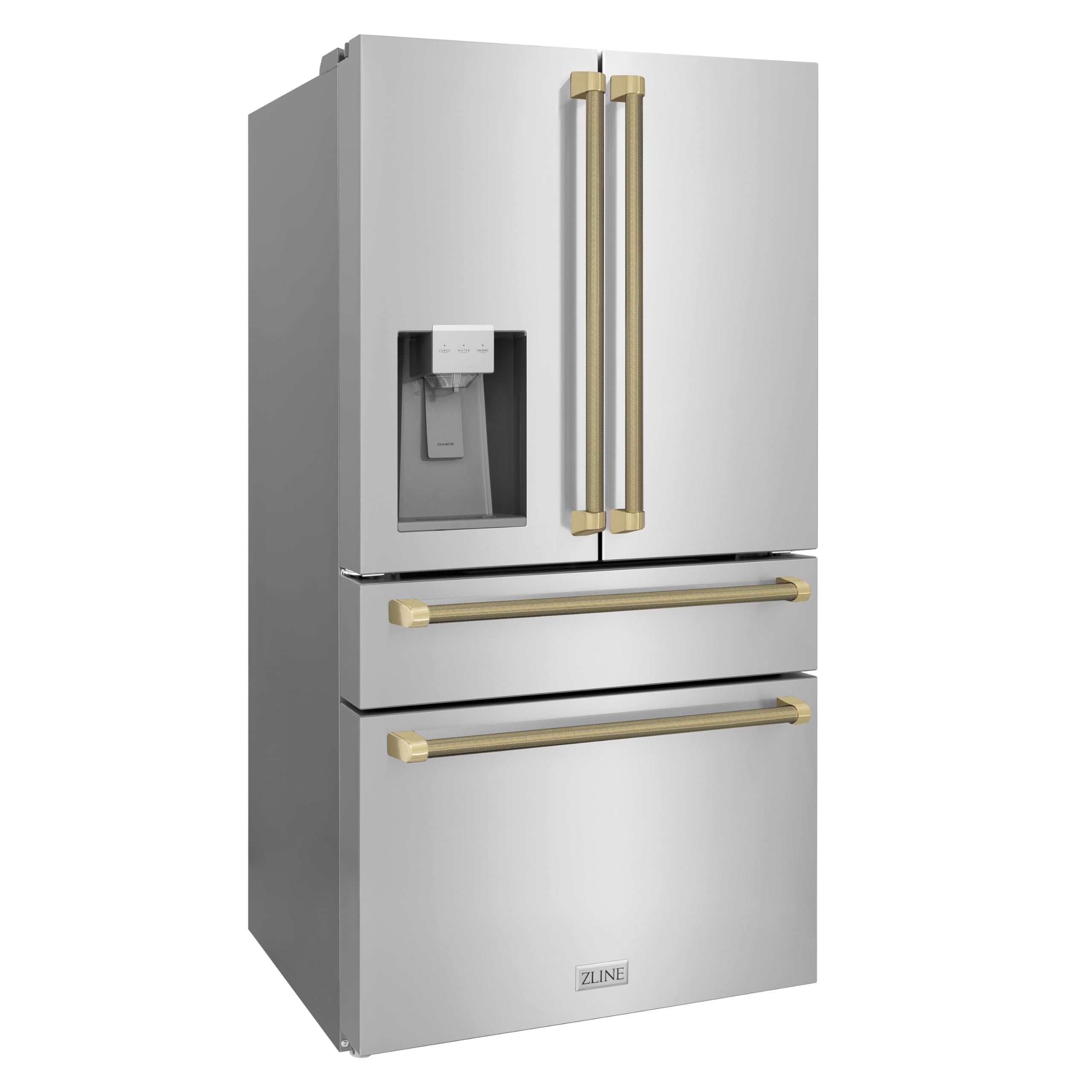 ZLINE Autograph Edition 36 in. 21.6 cu. ft. Counter-Depth French Door Refrigerator with Water and Ice Dispenser in Fingerprint-Resistant Stainless Steel with Champagne Bronze Helix Handles on Fridge.com