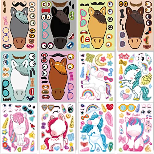 Daiuni KMFS-MIXED STYLE 24 Sheets 8.27''×5.9'' Make Your Own Stickers For Kids Toddlers, Make A Face Stickers Mix And Match With Unicorns Dinosaur Horse And Sea Animals For Kids Party Favors Activities thumb #2
