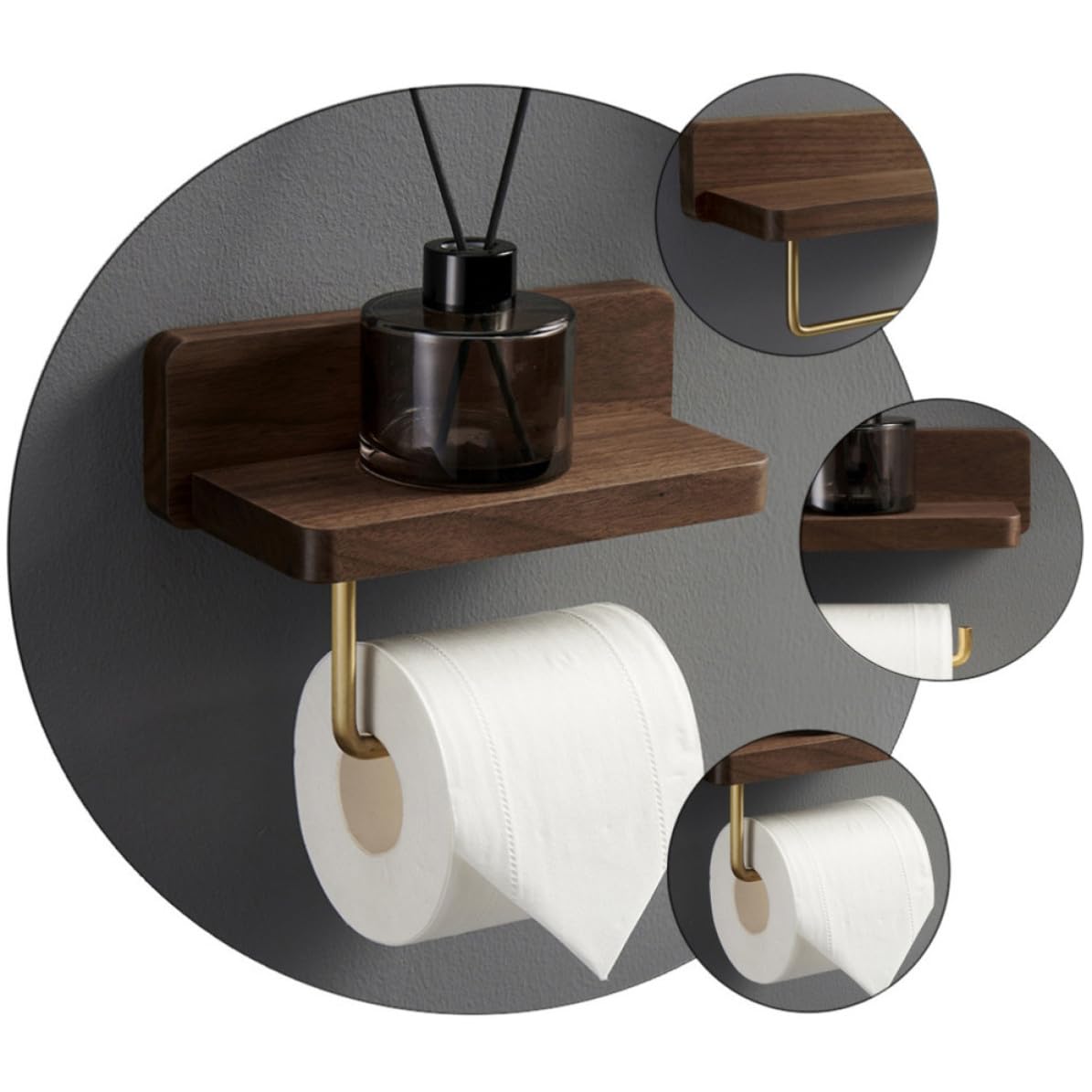 Porte-Papier Toilette Mural en Bois et Laiton, sans Perçage