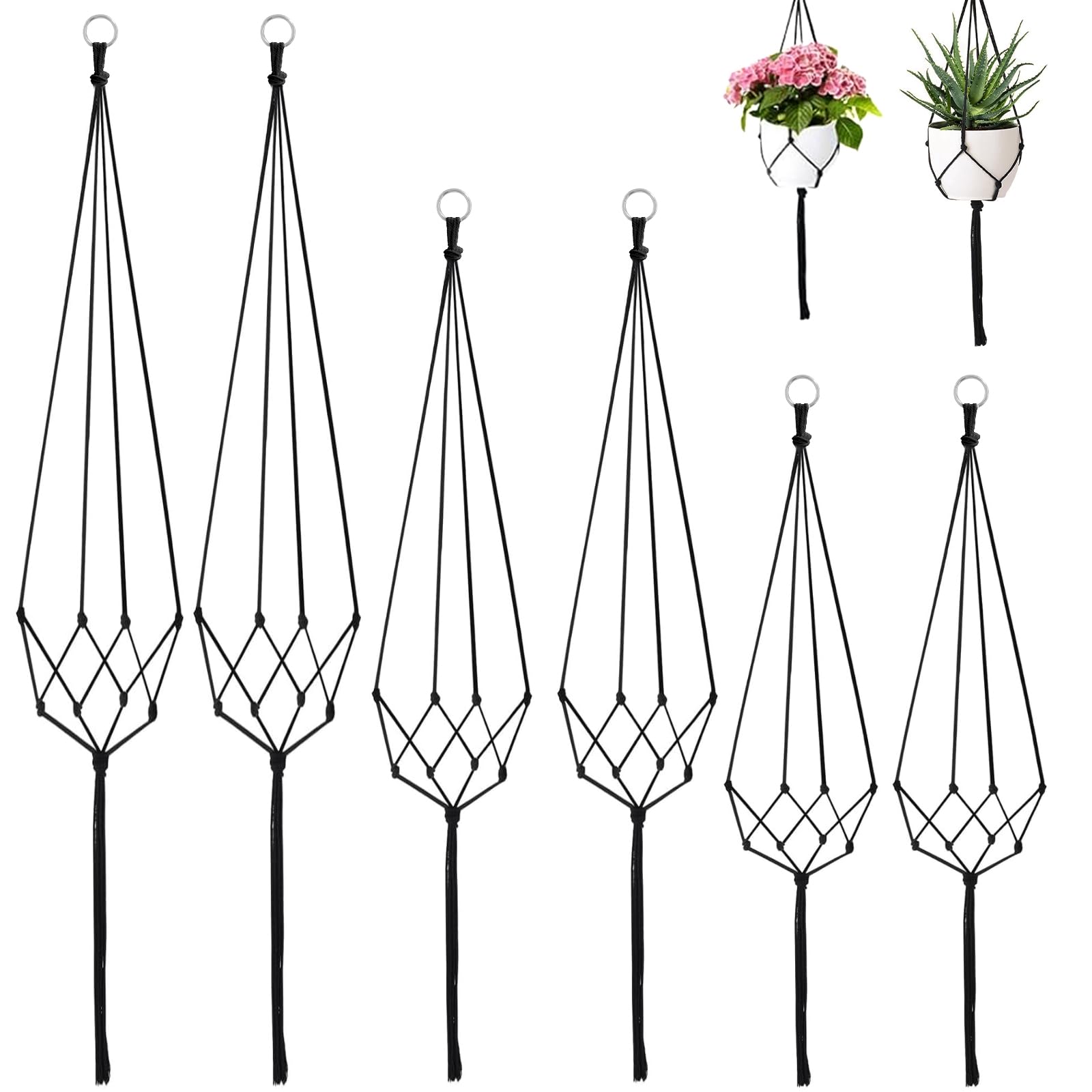 6 Pcs Macetas para Colgar, Macramé Plantas Colgador, Cesta de Macetas Colgantes, para Interior y Exterior Jardín Balcón Techo Decoración del Hogar (Negro)