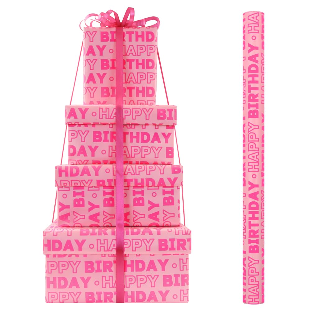 Pink Birthday Wrapping Paper Rolls for Girls Kids Women, Pink Happy Birthday Wrapping Paper with Cut Lines on Reverse - 1 Mini Roll 43 x300cm Per Roll - Gift Wrap for Birthdays, Holiday, Party