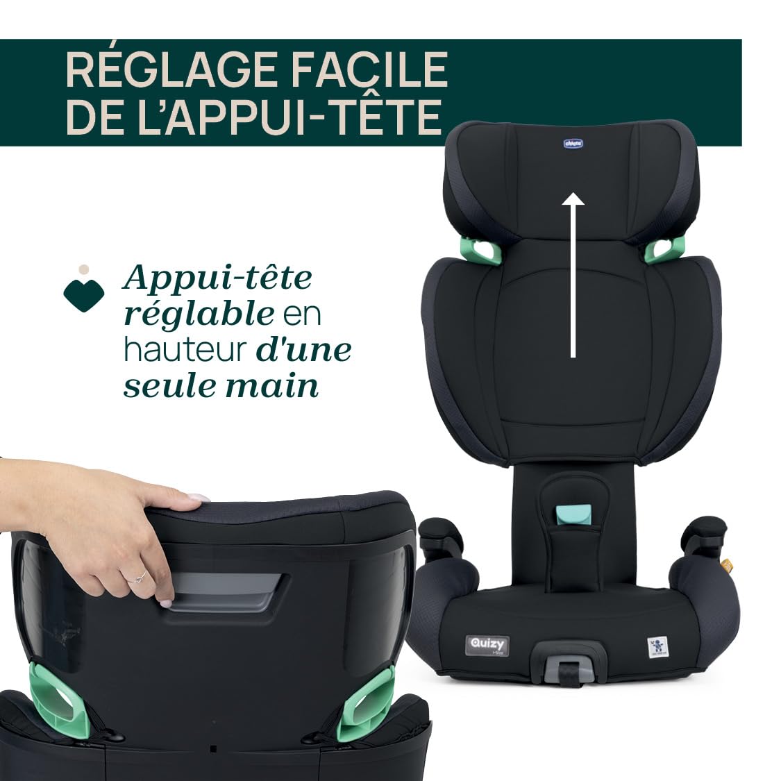Chicco Quizy i-Size, Kindersitz 3-12 Jahre (100-150 cm), Mit Isofix-System, mit Liegeposition, Höhenverstellbar, mit gepolsterten Armlehnen und komfortablem Sitz, (15-36 kg), Gruppe 1/2/3, Schwarz