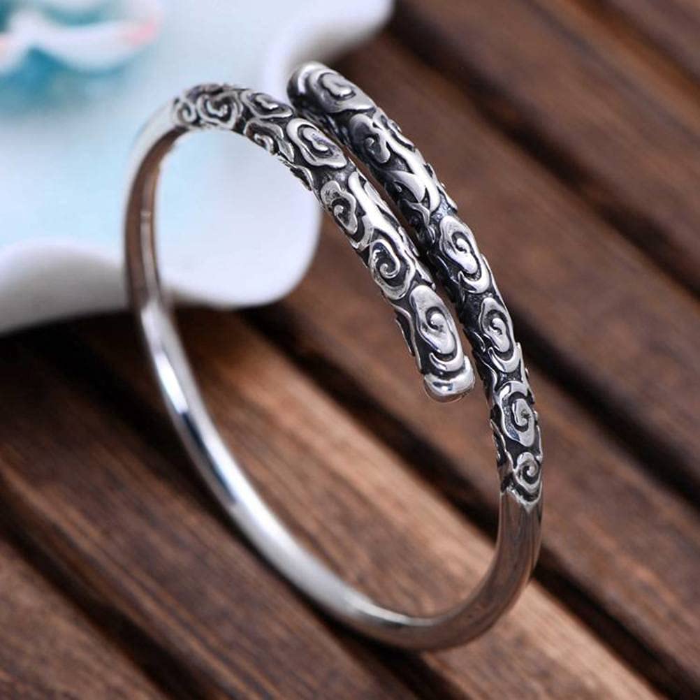 Bracciale Retrò Bracciale Rigido in Argento Sterling 990 Bracciale a Cerchio D'Oro con Desiderio Goffrato RetròNero