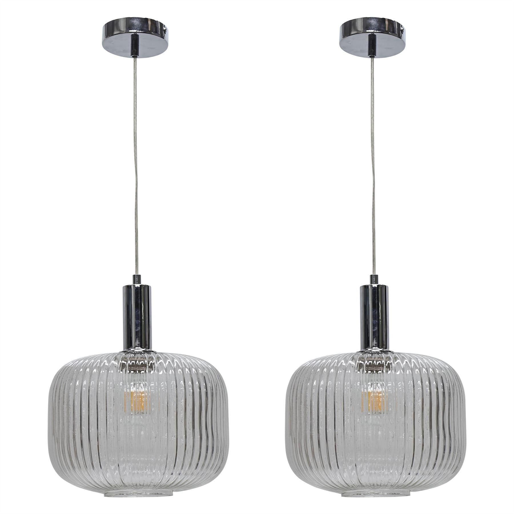 First Choice Lighting Batley Large Pendant Light - Clear Ribbed Glass - Silver