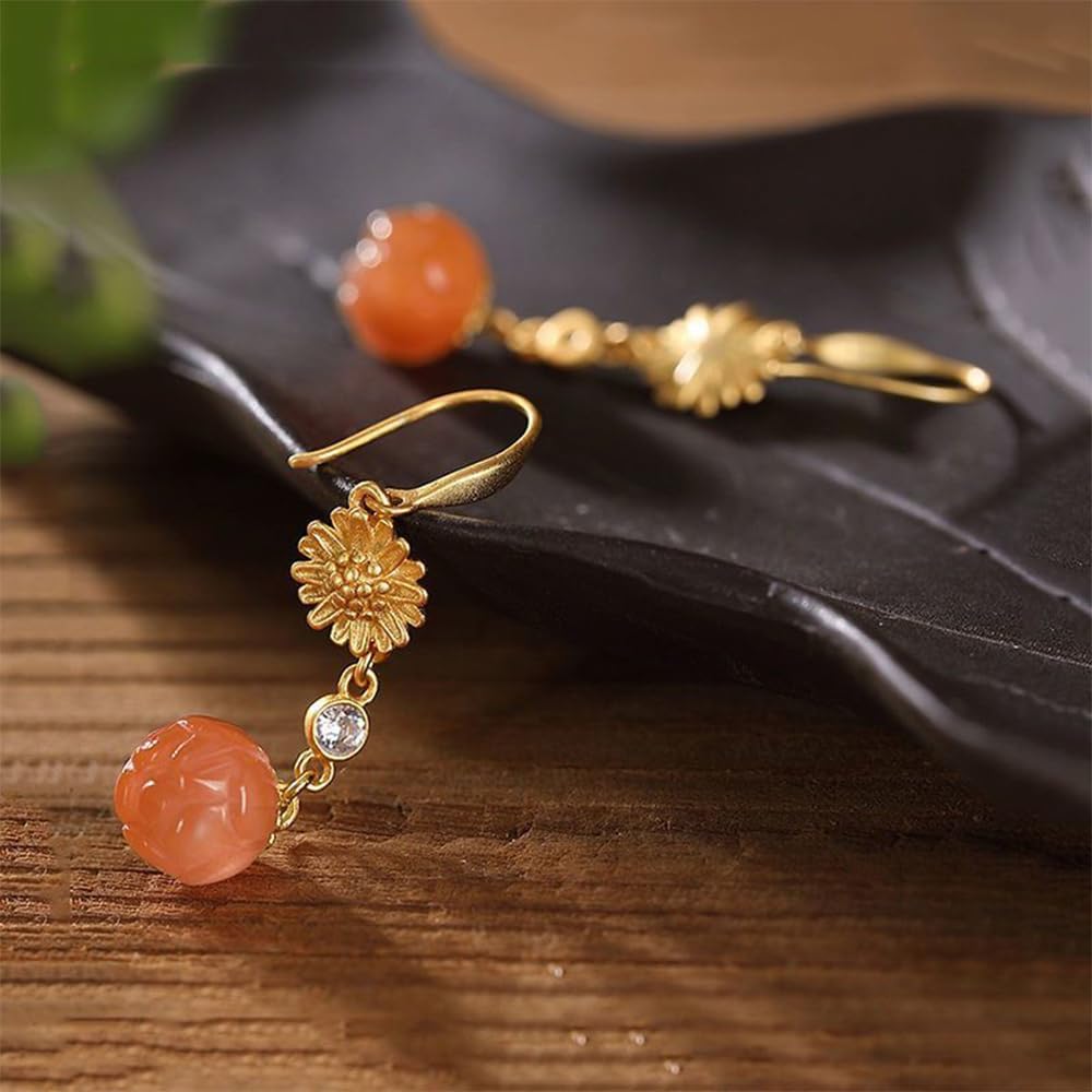 S925 Silver And Gold Plated With Natural Red Lotus Flower Earrings Jade for Women Yoga Genuine