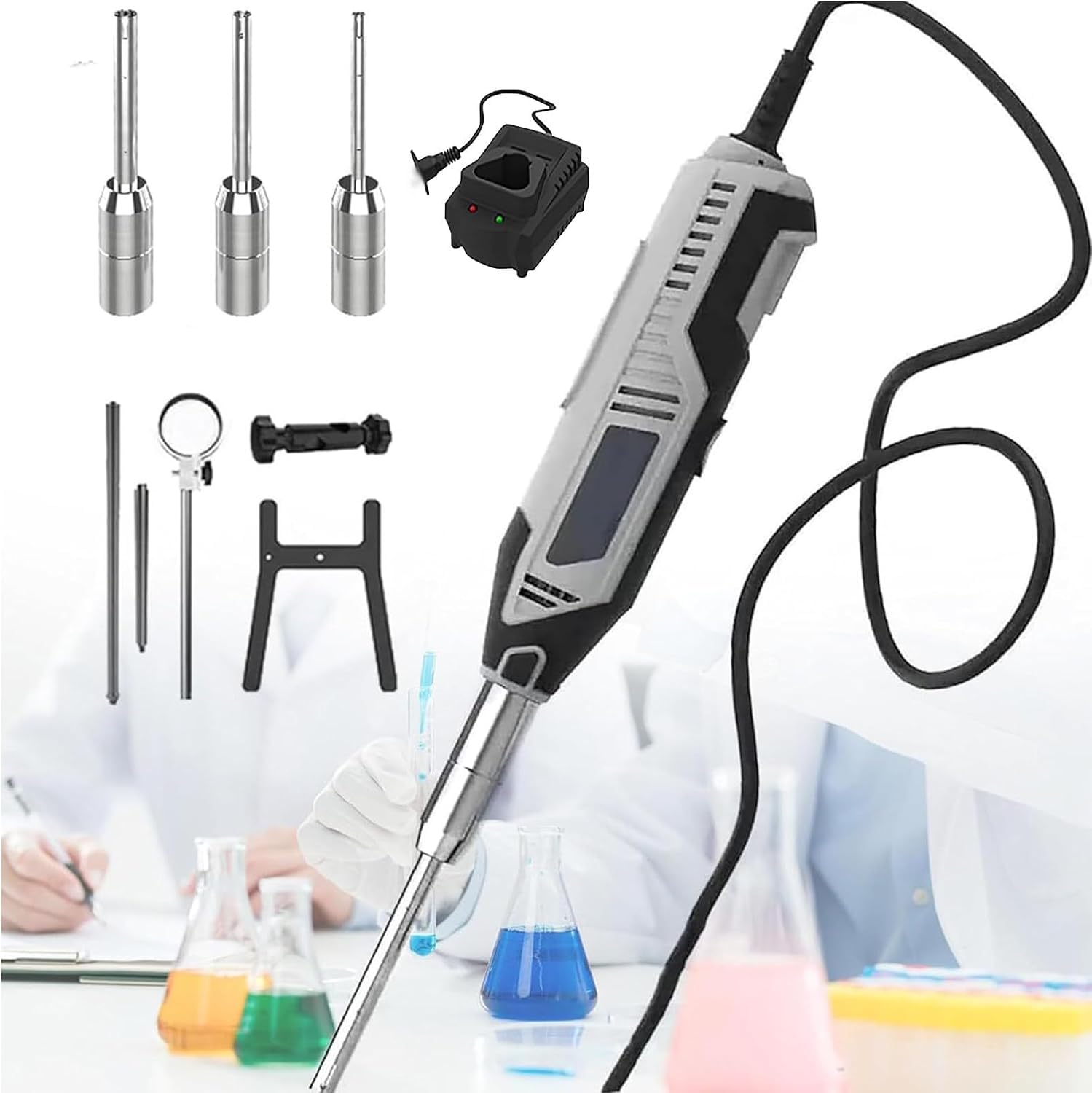 Homogeneizador De Laboratorio De Alta Velocidad De 0,5 A 250 Ml, 6 Velocidades Ajustables, Cabezales De 6 Mm/8 Mm/10 Mm, Portátil para La Mezcla De Cosméticos Y Lociones, Charge
