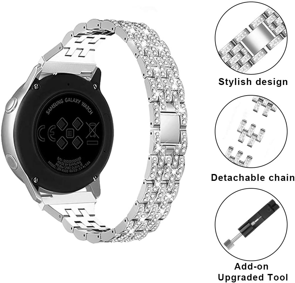 Mosonio Compatible with Galaxy Active 2 Watch Band with Case Women, Jewelry Replacement Metal Wristband Strap with Bling PC Protective Cover for Samsung Active 2 Watch Band(Silver, 40mm)