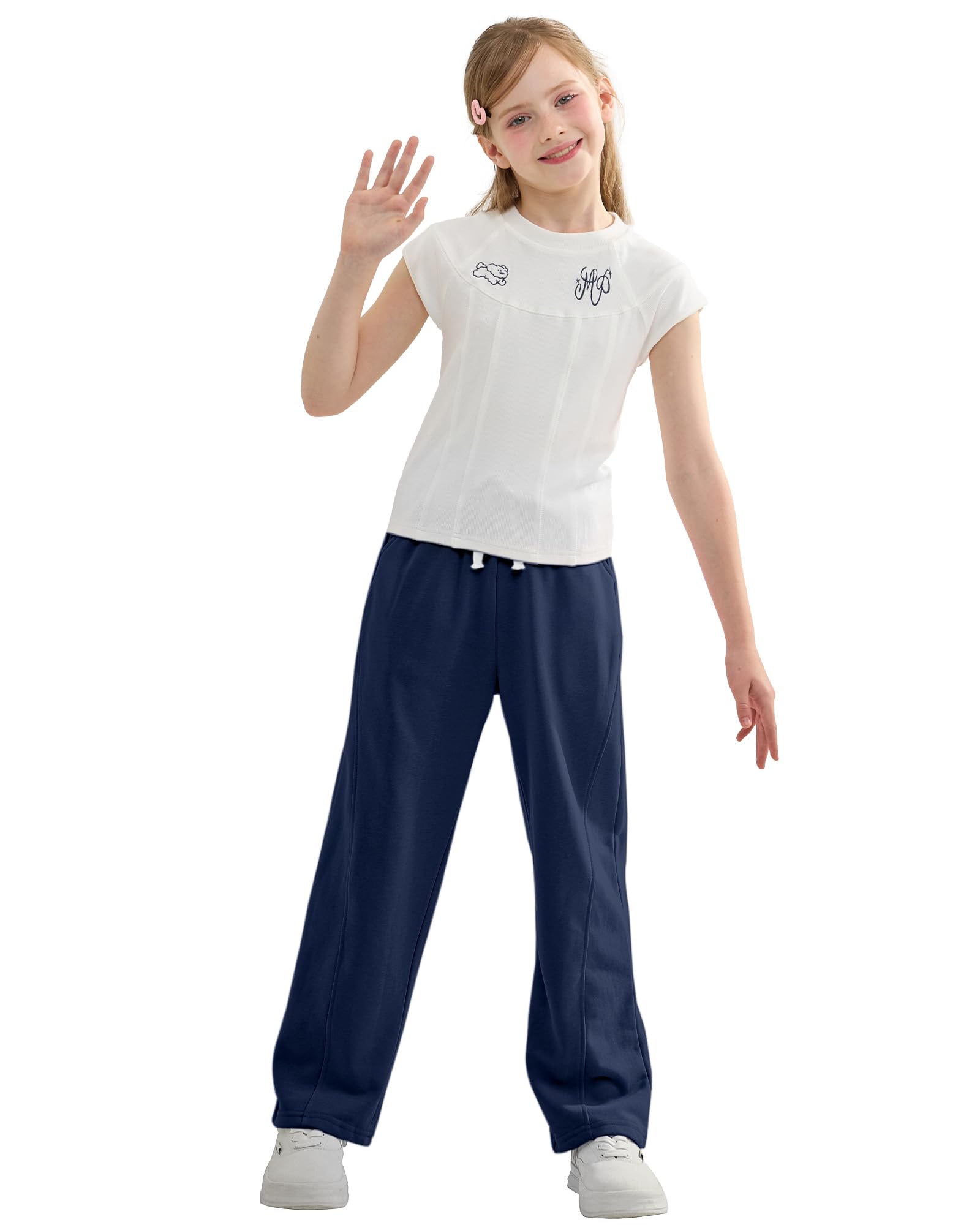 Rolanko Pantalones Deportivos para Niñas con Cintura Elástica Ajuste Holgado, Comodidad Casual para Niños, Marino Blanco, 8-9 Años