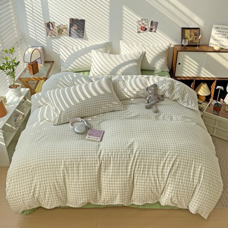 Kimko Green Buffalo Plaid Gingham Duvet Cover Set,Grid Checkered Bedding Set with Zipper Closure,Gentle,Soft,Home Cozy and Breathable 【3Pcs:1 Duvet Cover+2 Pillowcase】 (# 013, Queen-79''X90'')