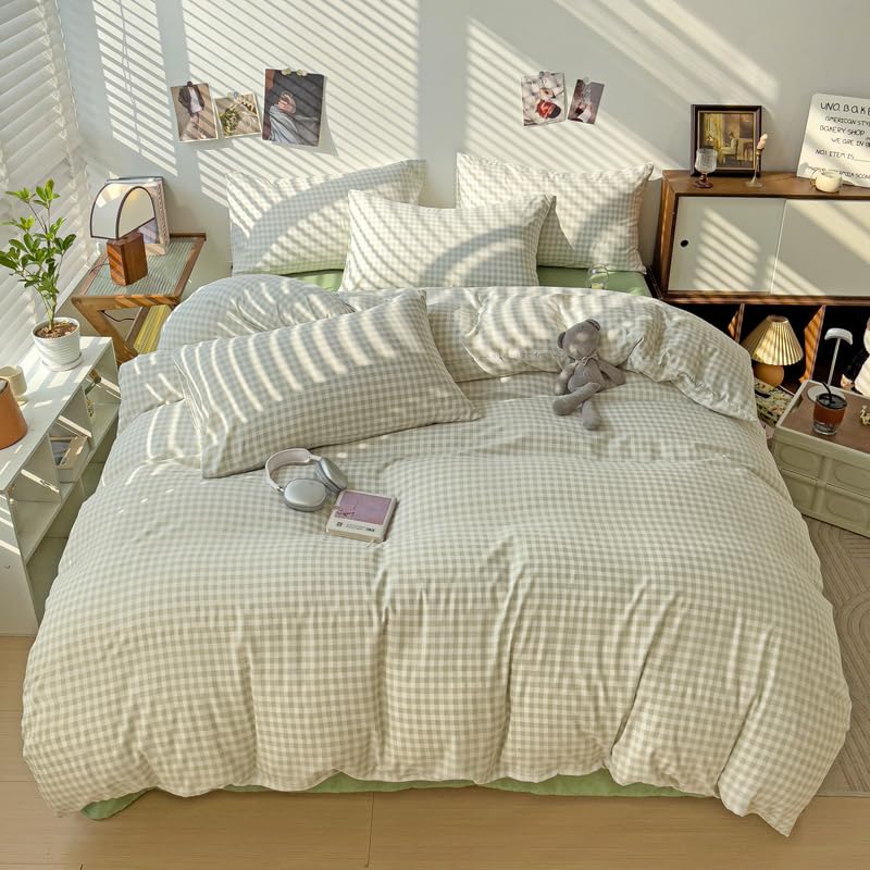Kimko Green Buffalo Plaid Gingham Duvet Cover Set,Grid Checkered Bedding Set with Zipper Closure,Gentle,Soft,Home Cozy and Breathable 【3Pcs:1 Duvet