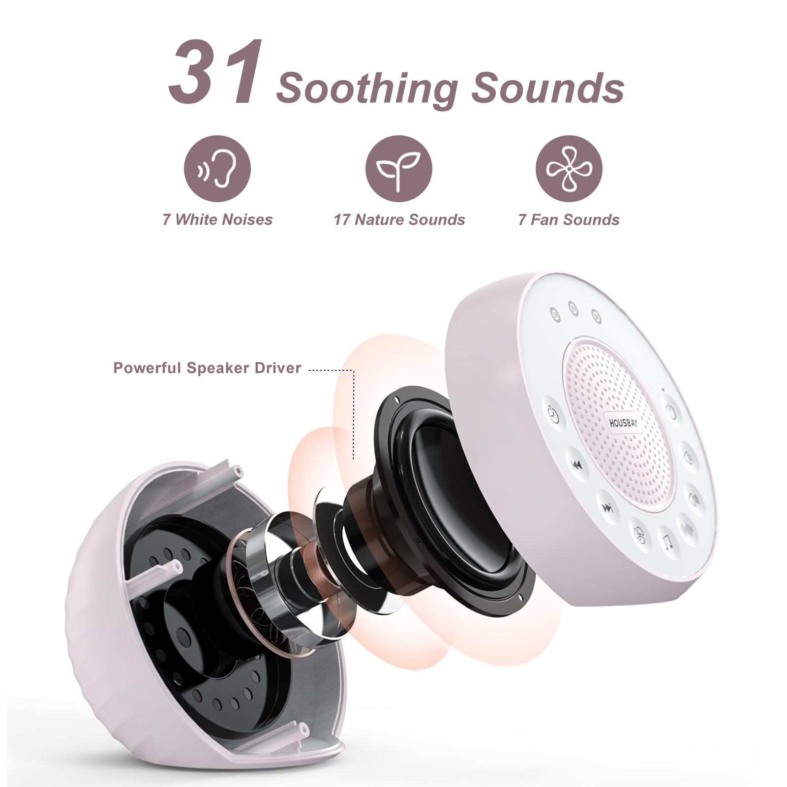 Housbay - Weißes Rauschgerät mit 31 Hi-Fi-beruhigenden Sounds, 5 W Hochleistungs-Lautsprecher, einfache Lautstärkeregelung, Schlaf-Timer, Sound-Maschine für Baby, Kinder