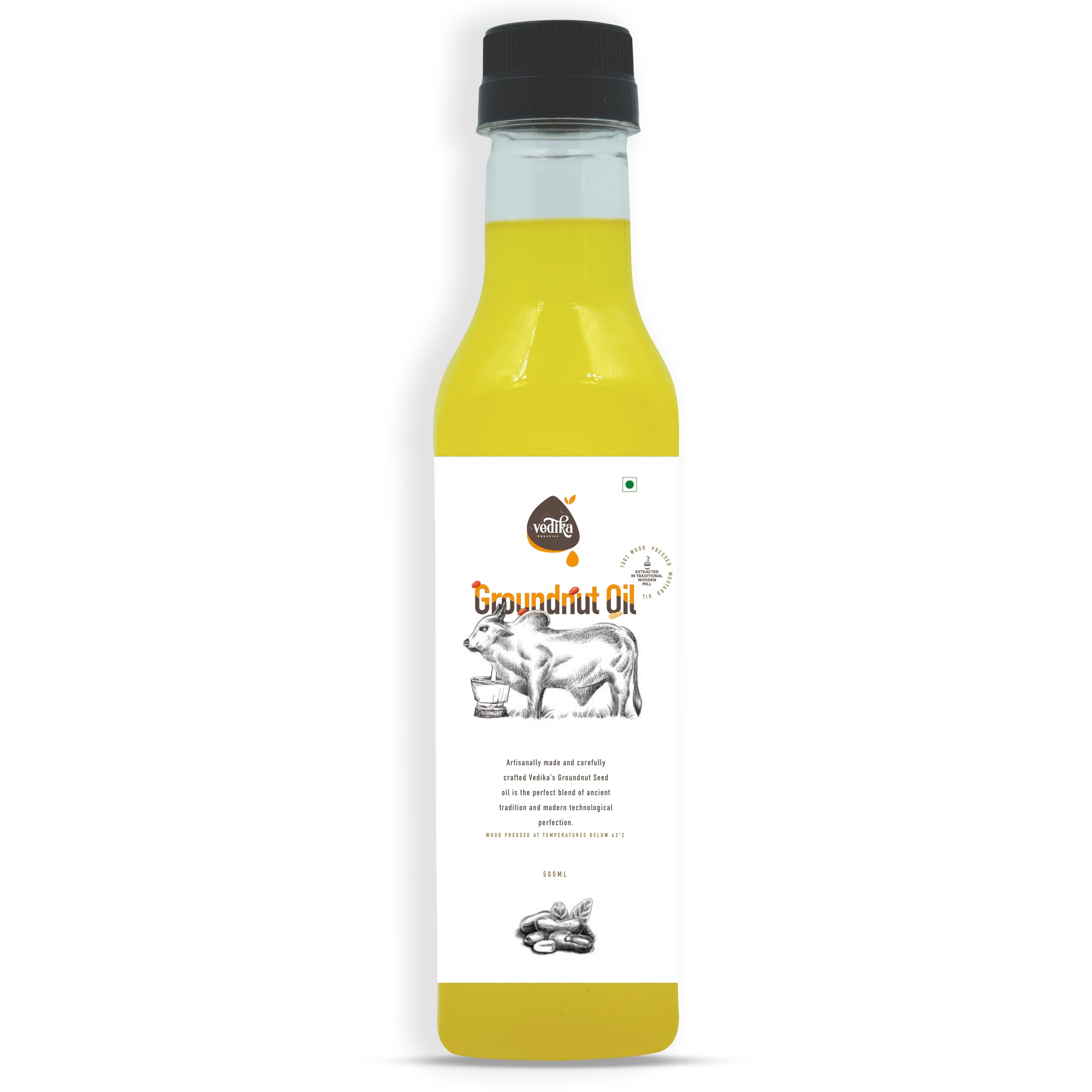Vedika Organics Cold Pressed Groundnut Oil - Wood Pressed, Kachi Ghani, Extra Virgin Ground nut Oil, Organic Fresh & Light Chekku Peanut Oil, Essential for Cooking, Cholesterol free (500 ML)