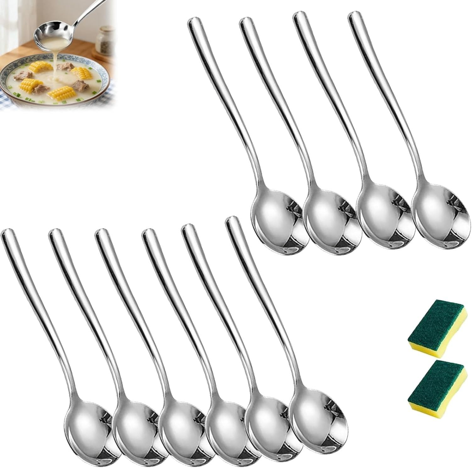 WOMGKDA 18/10 Stainless Steel Soup Spoon Set 4-Piece or 6-Piece, Thickened Heavy Duty Soup Spoons for Hot Soups, Stews, Sauces, Dishwasher Safe Durable Cutlery, 10pcs