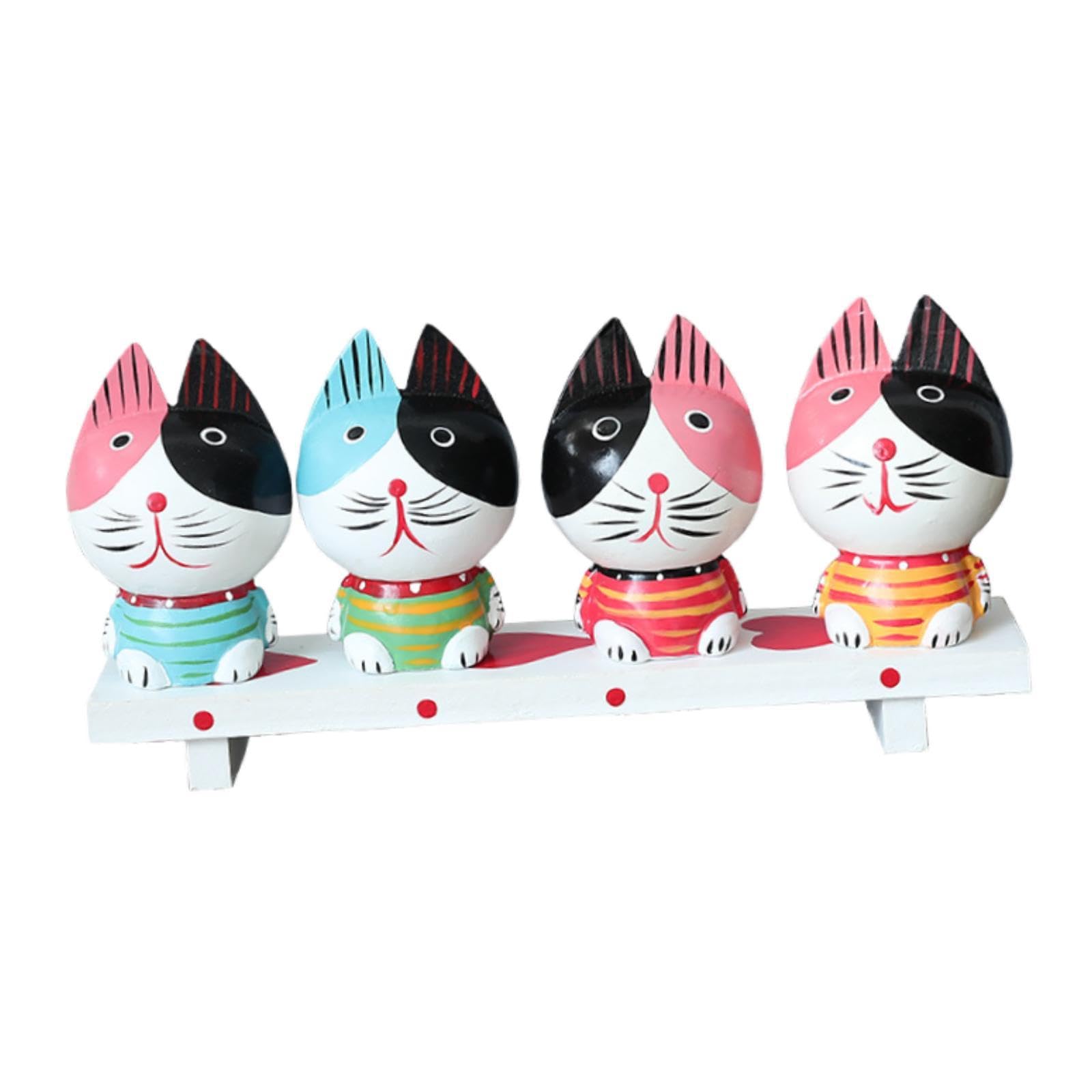 – Cat Statues Figurines with Display Bench, 4 Miniature Wooden Cat Figures Animal Crafts Ornament for Home Decor