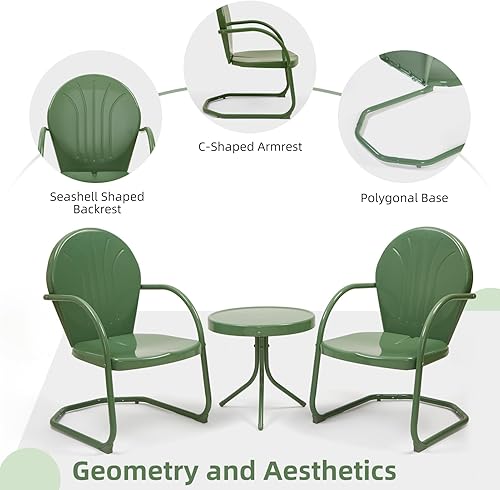 Miniatura 3 de Patio Bistro - Juego de asientos de metal retro para exteriores, juego de conversación de 3 piezas, 2 sillones de movimiento con resorte en C y mesa