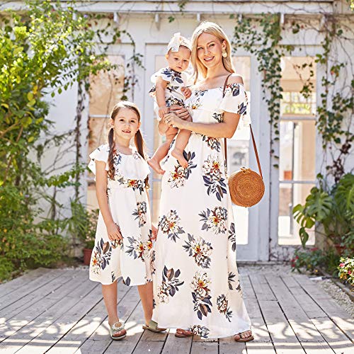 Image of PopReal Mommy and Me Dresses Floral Printed Chiffon Bowknot Ruffles Short Sleeve Beach Mom Daughter Matching Outfits