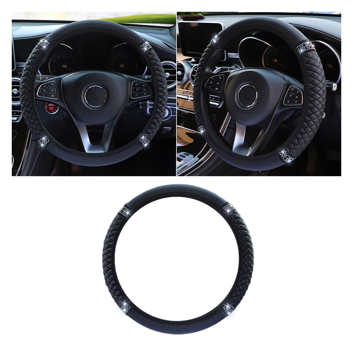 JOYCOURT 15 Inch Bling Soft Leather Car Steering Wheel Cover, Black