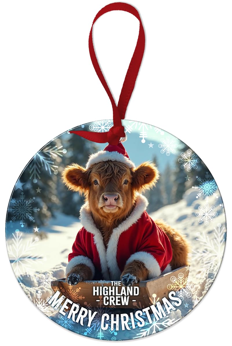 Round Metal Dangler Ornament Sign (75 mm Diameter) - The Highland Crew (Xmas Highland Cow Sleigh)