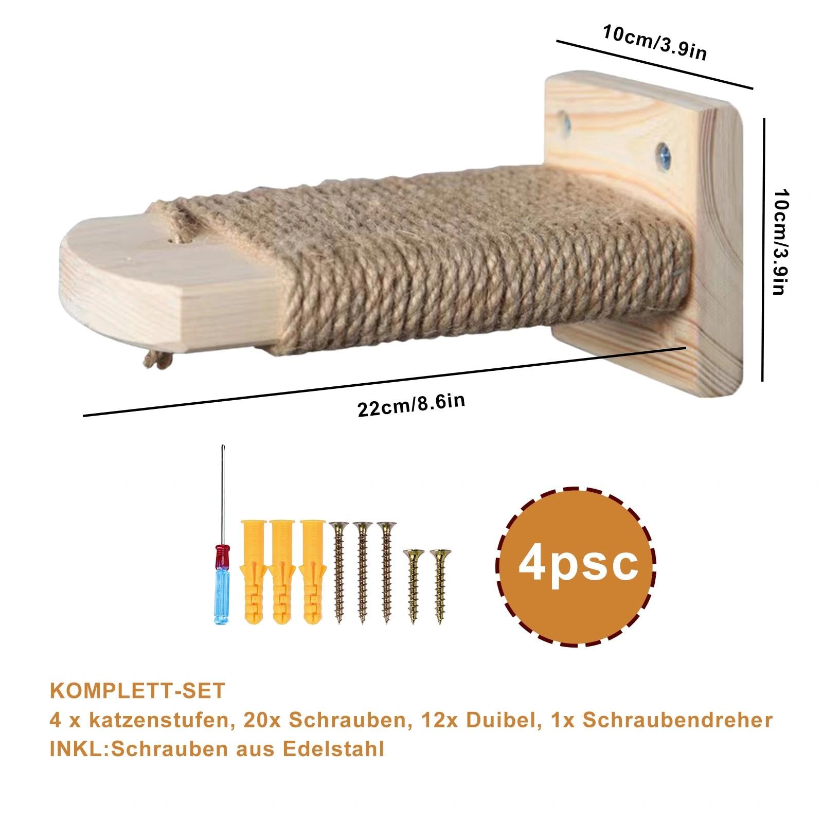 4pcs Katzentreppe Wand, Kletterwand Katzen aus Holz,Wandliege Kletterwand Katzen mit Juteseil zum Kratzen, für Katze Klettern Spielen Massives Gummiholz