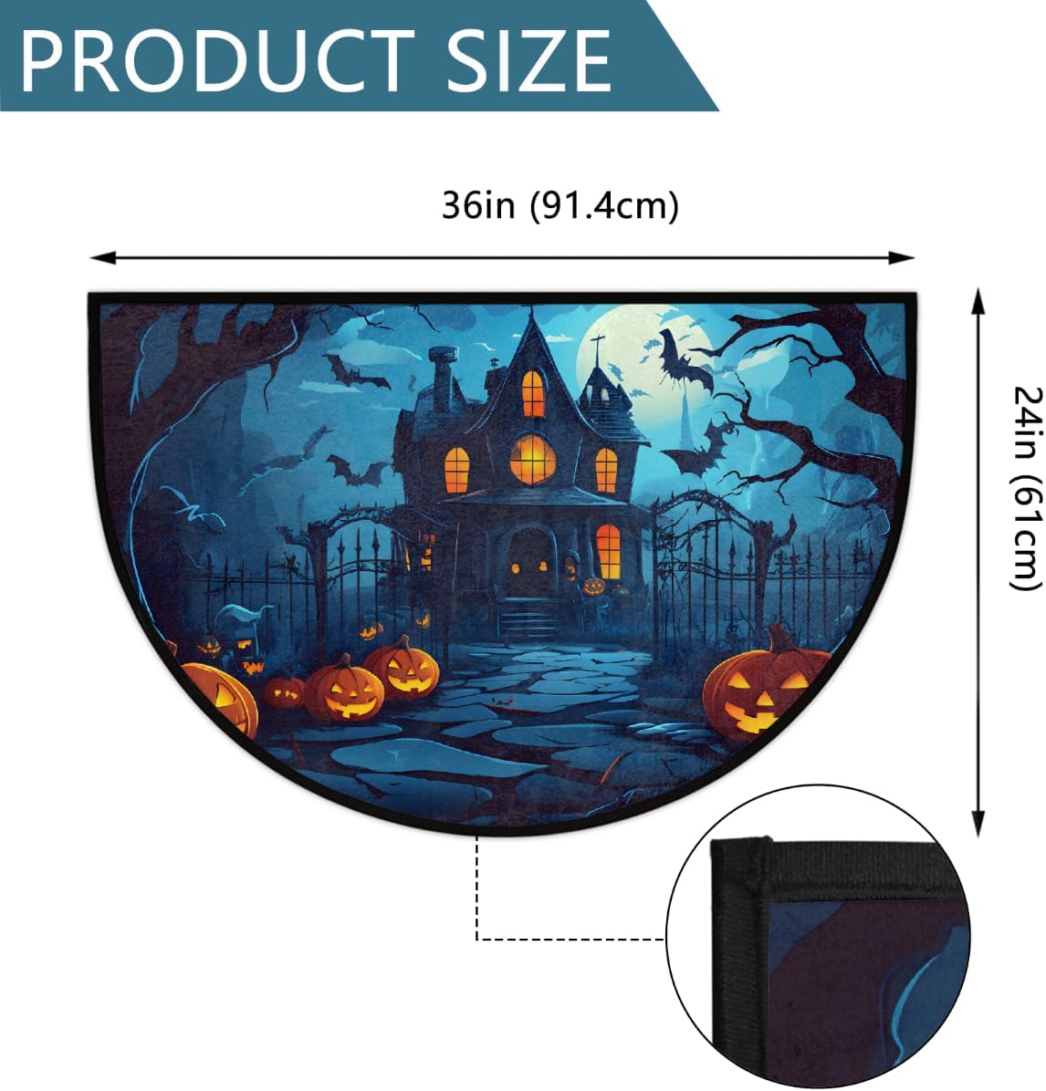 cfpolar Half Round Door Mat Halloween Castle Pumpkin Bats Non-Slip Semi Circle Area Rug Washable Half Moon Hearth Rugs for Indoor Outdoor Bathroom Kitchen Patio Runner Mat Laundry Room Home Decoration