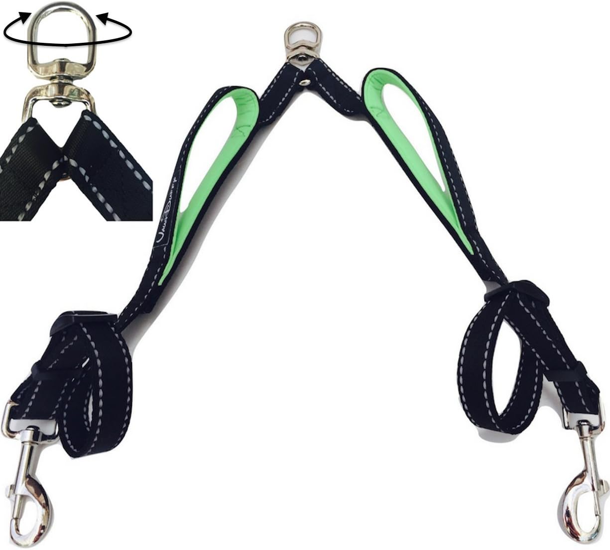 Double Dog Leash Coupler with Two Dual Padded Handles, No Tangle Splitter Swivel, Reflective Stitching, 3/4 Inch Wide and Adjustable 22-32 Inch, Best for Walking 2 Small Dogs