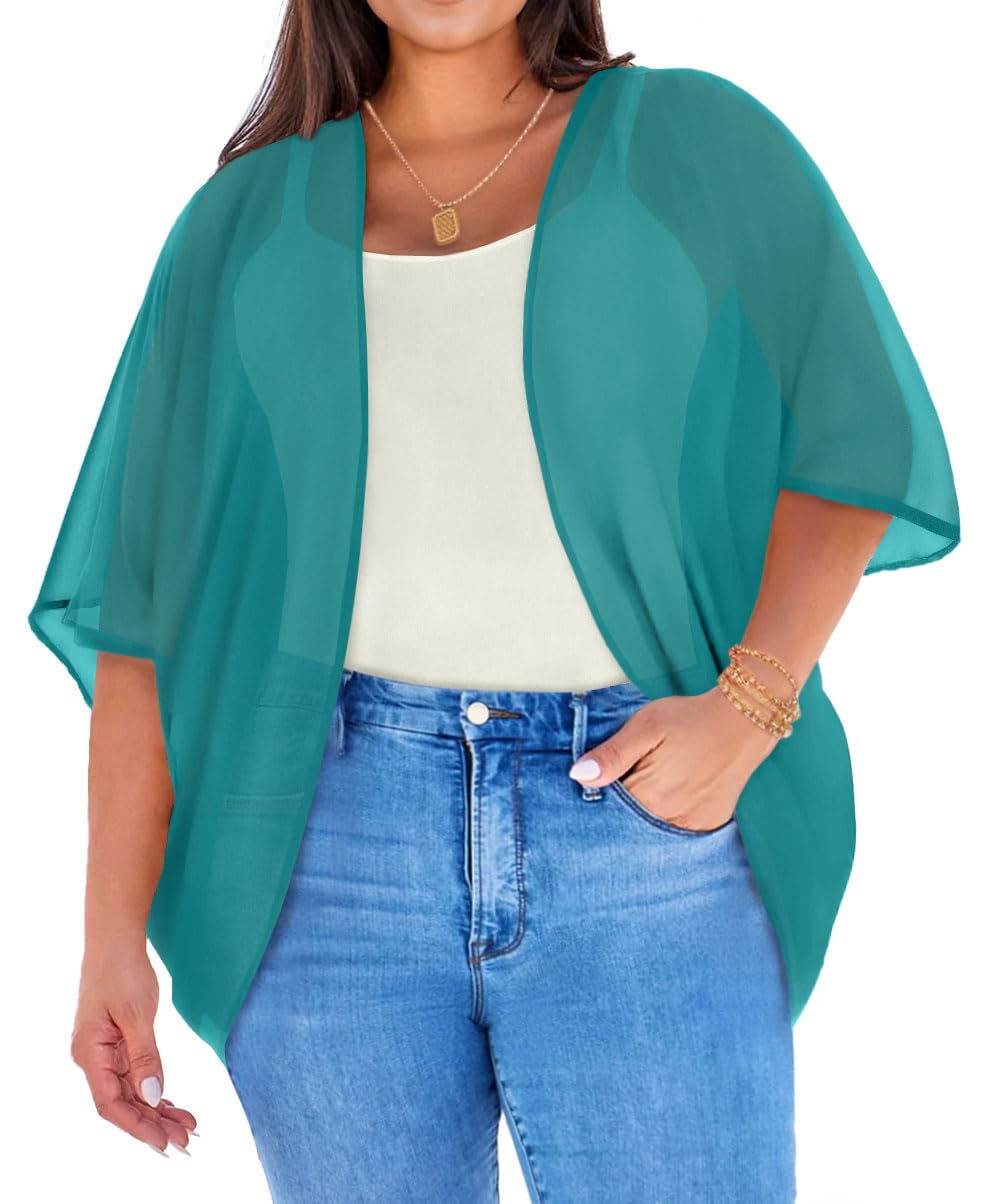 Plus Size Kimonos for Women Swimsuit Cover Ups Casual Loose Cardigan Summer Tops Swimwear Turquoise 4XL
