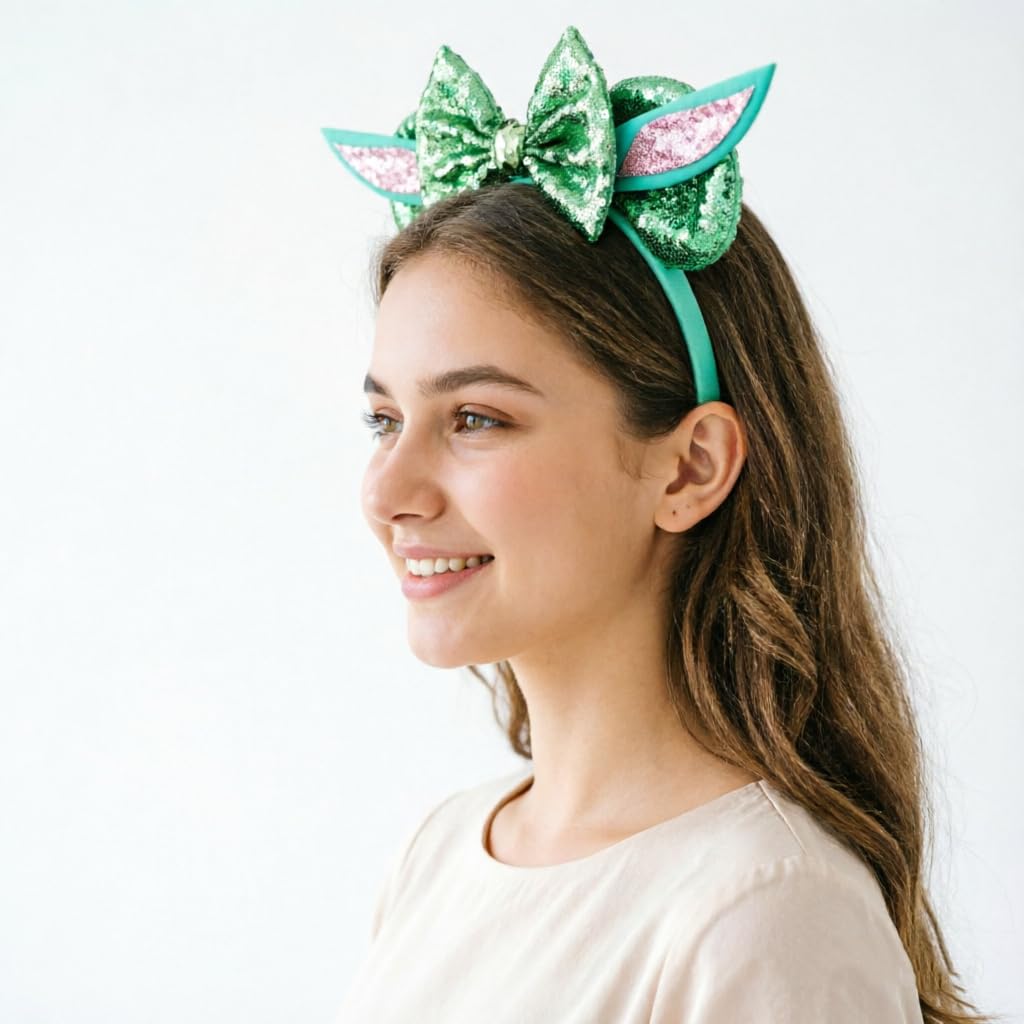 bianbaistar Green Velvet Hair Bow Headband with Big Mouse Ears - Sparkle Sequin Hair Accessories for Girls, Boys, and Women for Trip