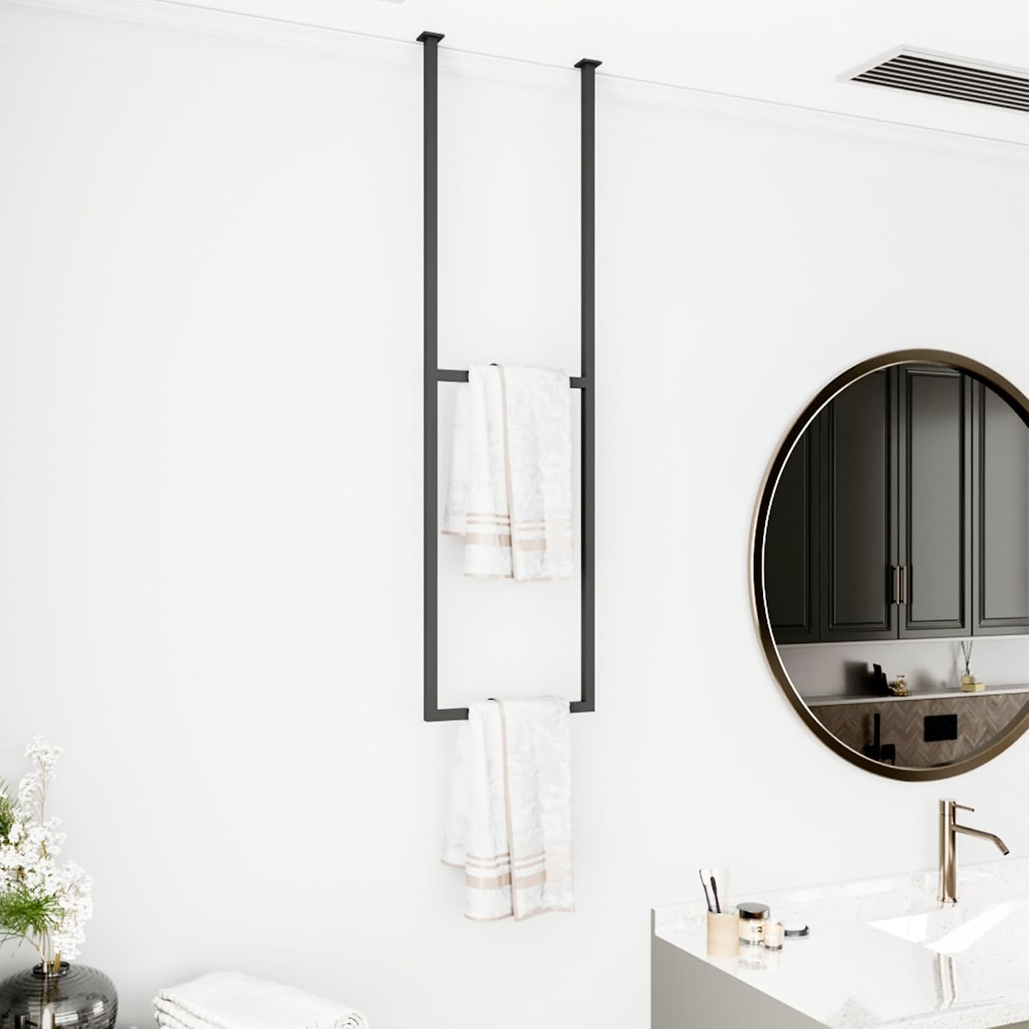 Modern Ceiling-Mounted Double Metal Towel Rack, Perfect for Bathrooms, Kitchens, and Laundry Rooms, Space-Saving Black Metal Design, Stainless Steel Towel Rack (47.2" H x 23.6" W)
