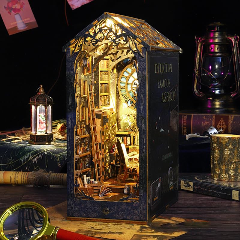 DIY Book Nook Miniature Kit for Bookshelf Insert Decorative Bookend Stand with LED 3D Wooden Puzzle for Adults Book Nook Kit (Detective Agency) - Image 2