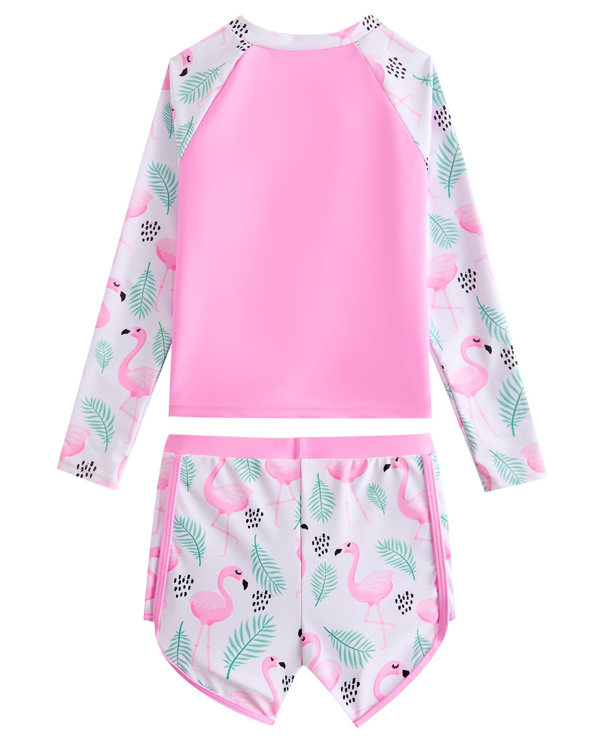 JiAmy Traje de baño de 2 piezas para niñas, conjunto de camiseta de manga larga, protección solar UV, traje de baño con pantalones cortos, media cremallera, teñido anudado, sirena, unicornio, flamenco