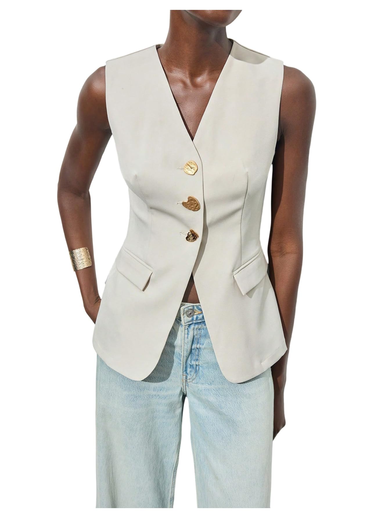 MakeMeChic Womens Vest Tops Business Button Sleeveless V Neck Old Money Clothes Fully Lined Suit Office Jacket Waistcoat