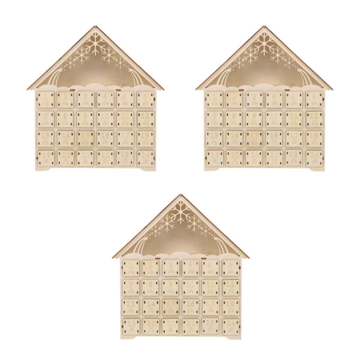 NUOBESTY 3 Pezzi Calendario Avvento Natalizio in Legno con LED e 24 | Casa con Scatole, Decorazione Riutilizzabile 2025, per Mensola e Soggiorno