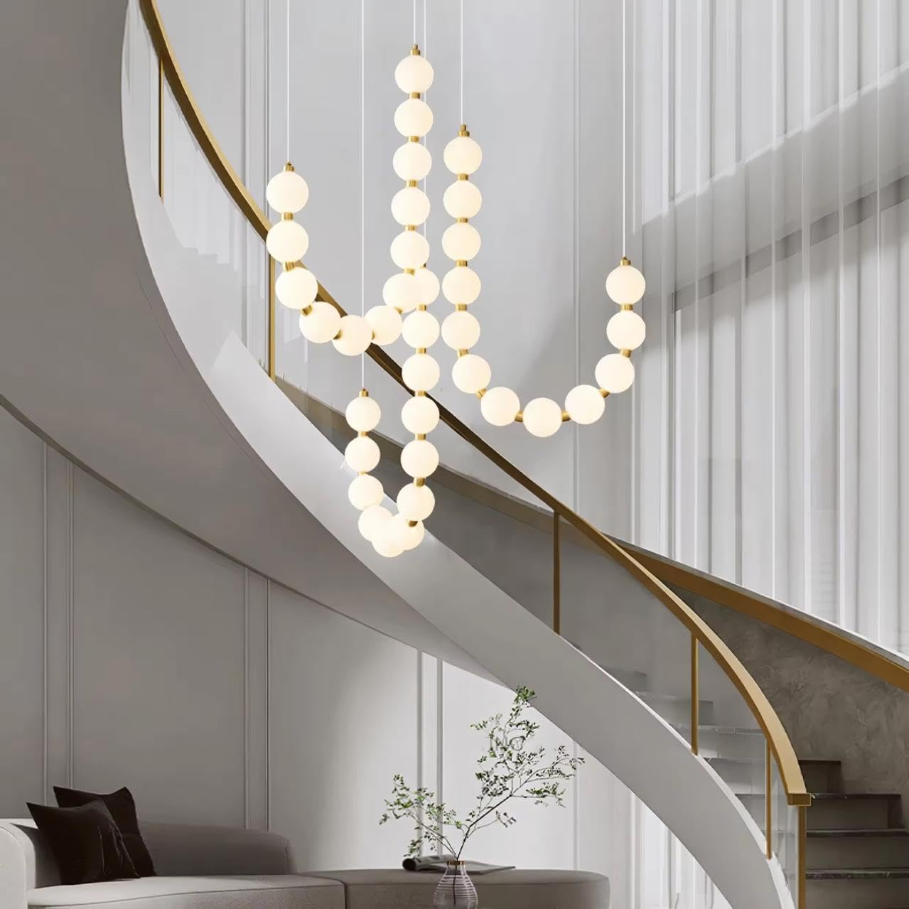 Modern Celestial Set of 3-Pearl Cascade Chandelier|12-Light Frosted Acrylic Globe Ceiling Pendant for Living Room, Staircase, Foyer & Hotel Interiors-image-19