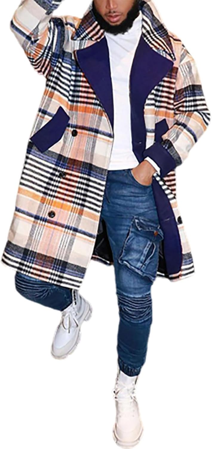 Men's Plaid Trench Coat Lapel Slim Fit Single Breasted Wool Blend Pea Coat Casual Winter Mid Long Jacket Overcoat