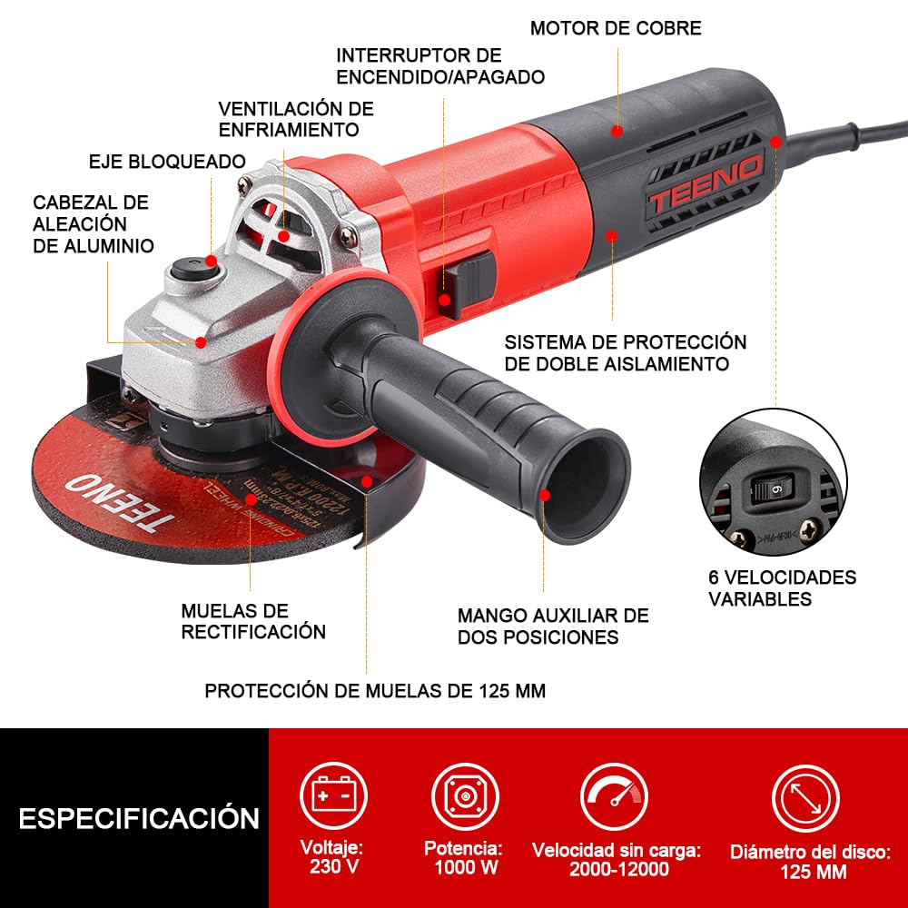 TEENO Amoladora Angular 125 MM 1000W 2000-12000 RPM Con 20 Accesorios, Radial Pequeña 125 mm, Amoladora Pequeña Para Cortar, Esmerilar y Pulir Metal, Madera, Cerámica y Piedra, Bolsa de Herramientas