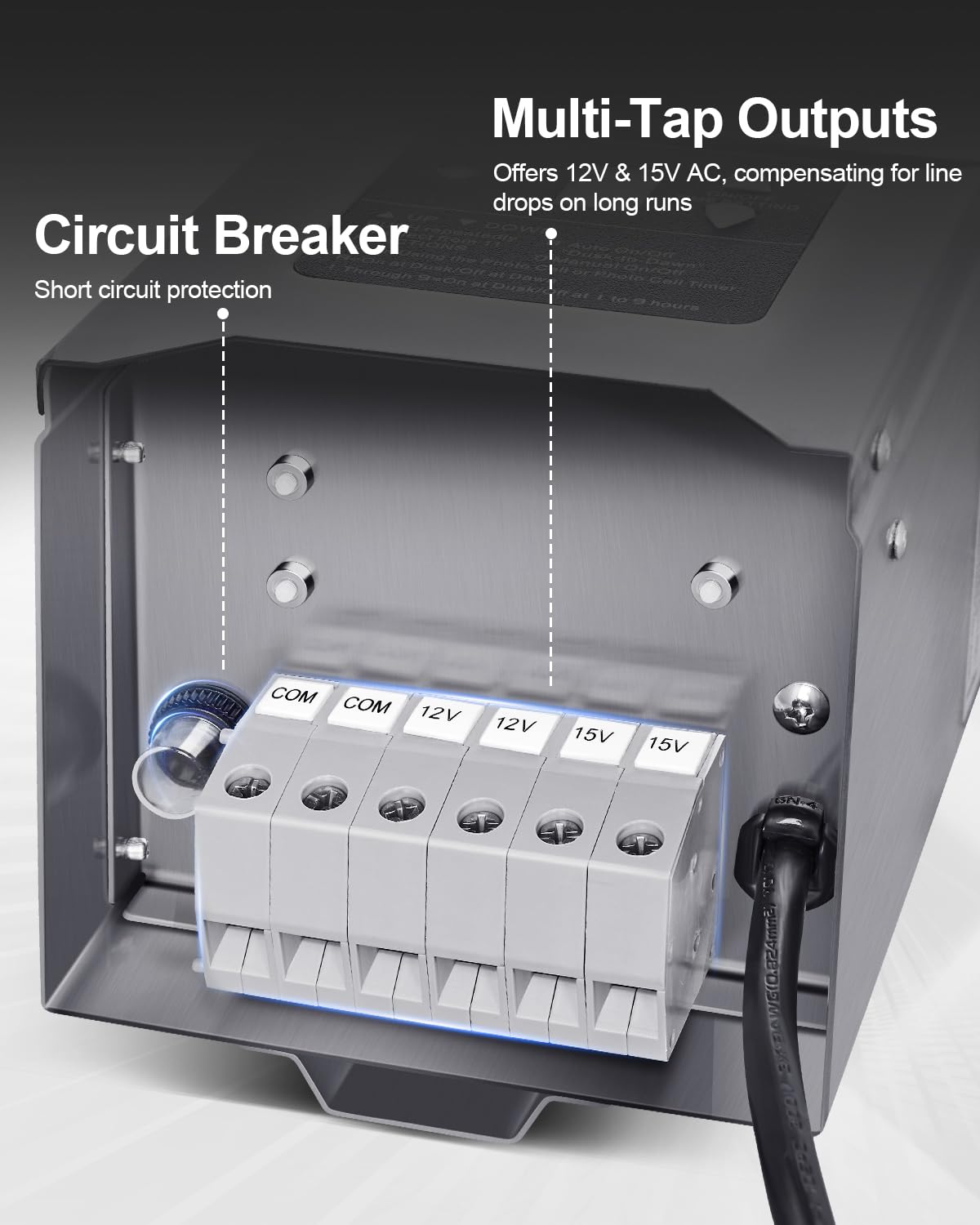 Suraielec Low Voltage Landscape Transformer, 300W Outdoor Light Transformer with Timer and Photocell Sensor, 120V to 12V 15V AC Multi Tap, Waterproof Power Supply, Stainless Steel Housing, ETL Listed