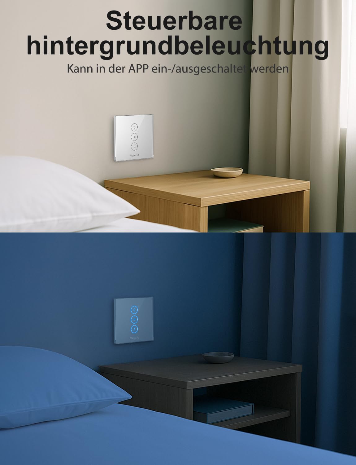 Maxcio WLAN Touch Rolladenschalter für Smart Home mit Sprachsteuerung | Kompatibel mit Alexa/Google Home, Abschaltbare LED-Beleuchtung für Schlafzimmer, Silber 4 Packs, 240V 10A, Nullleiter