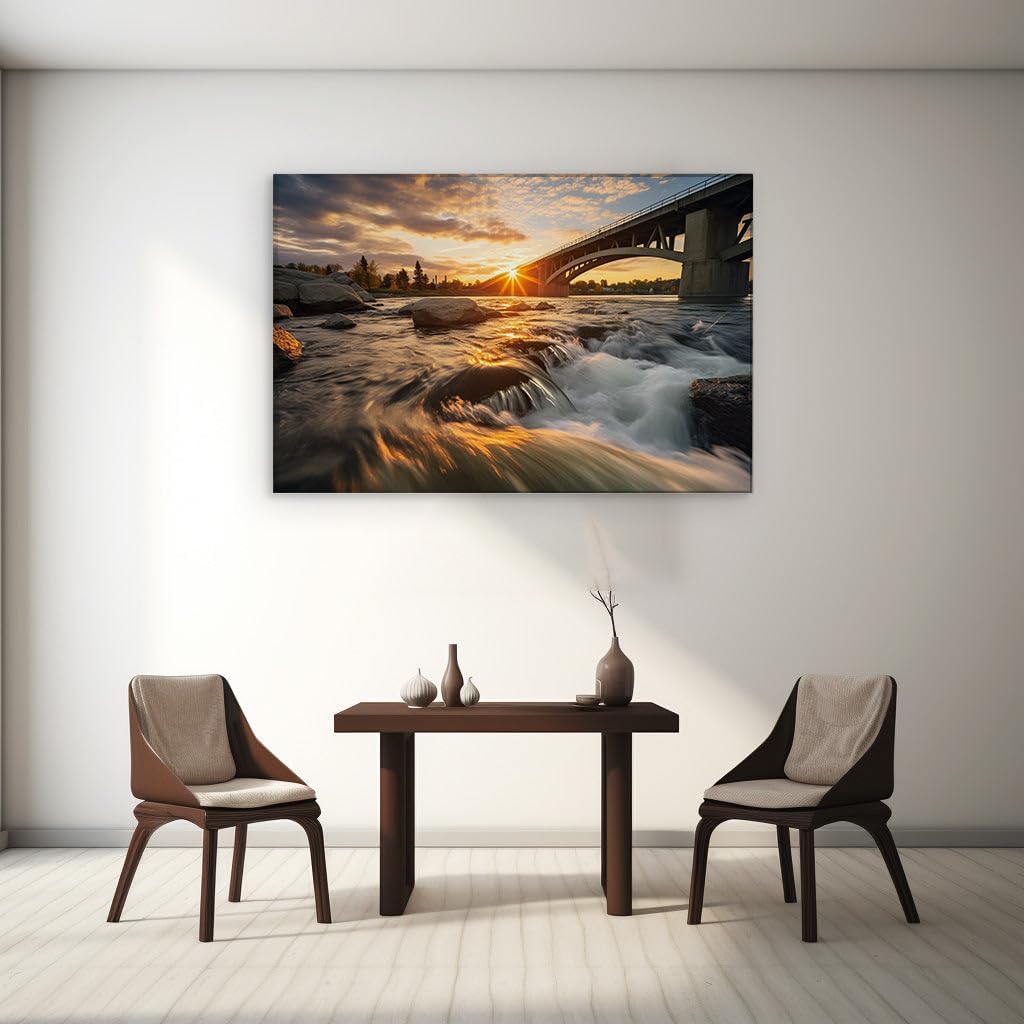 Canvas for Living room. Golden Serenity � A Bridge Over Sunset River Waters Wrapped in Nature's Embrace, 27 x 18 inch Canvas Wall Art - Contemporary Masterpieces - Modern Home Decor