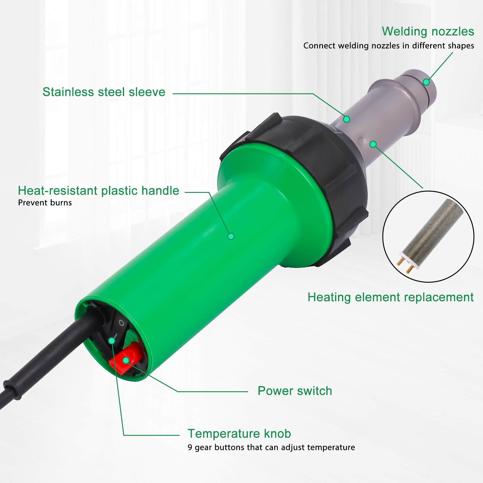 Kit de Soldadura de Plástico Gekufa 1600W - Pistola de Aire Caliente de 100V con Control de Temperatura Ajustable, Múltiples Boquillas para PVC, TPO, Reparación de Vinilo, Parachoques de Coche, Techos